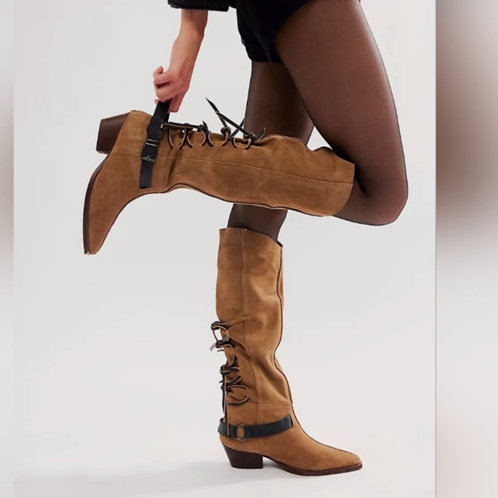 Free People Lace Sway Slouchy Women’s Military Taupe Western Boots Sz 7.5